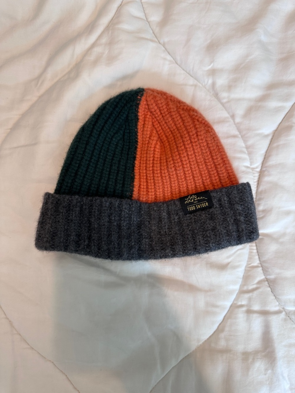 Todd Snyder Green Orange Gray Ribbed Colorblock Beanie
